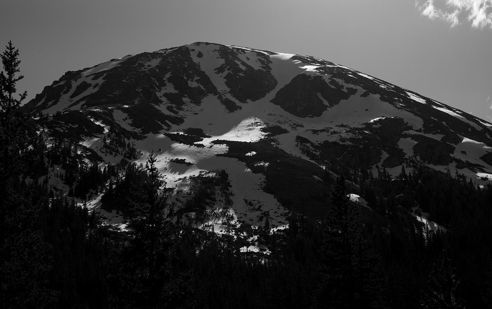 Black and white photograph of a snow-patched mountain dome above dark spruce forest