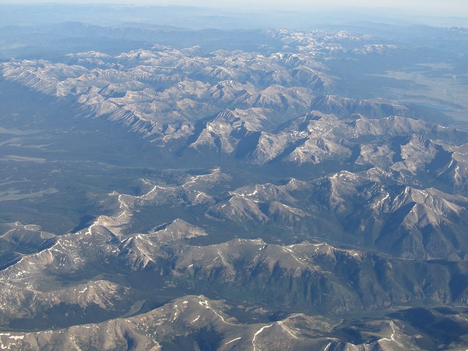 Aerial view of the snow-lined ridges of the Sawatch Range